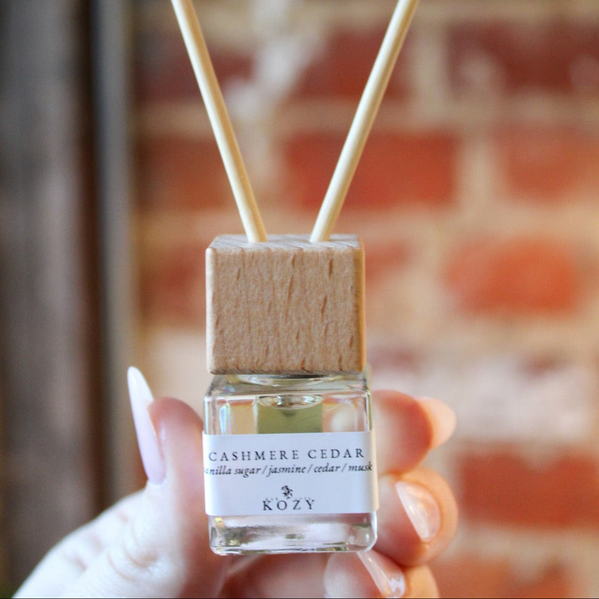 Person holding small car diffuser in the scent 'Cashmere Cedar' and the vent clip style.
