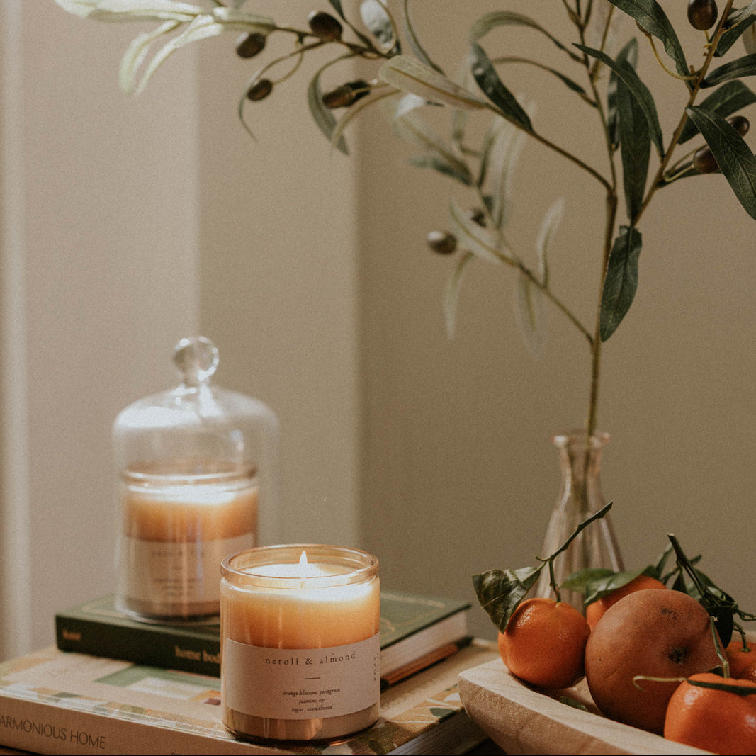 Candle with a plant and books on a table against a beige wall