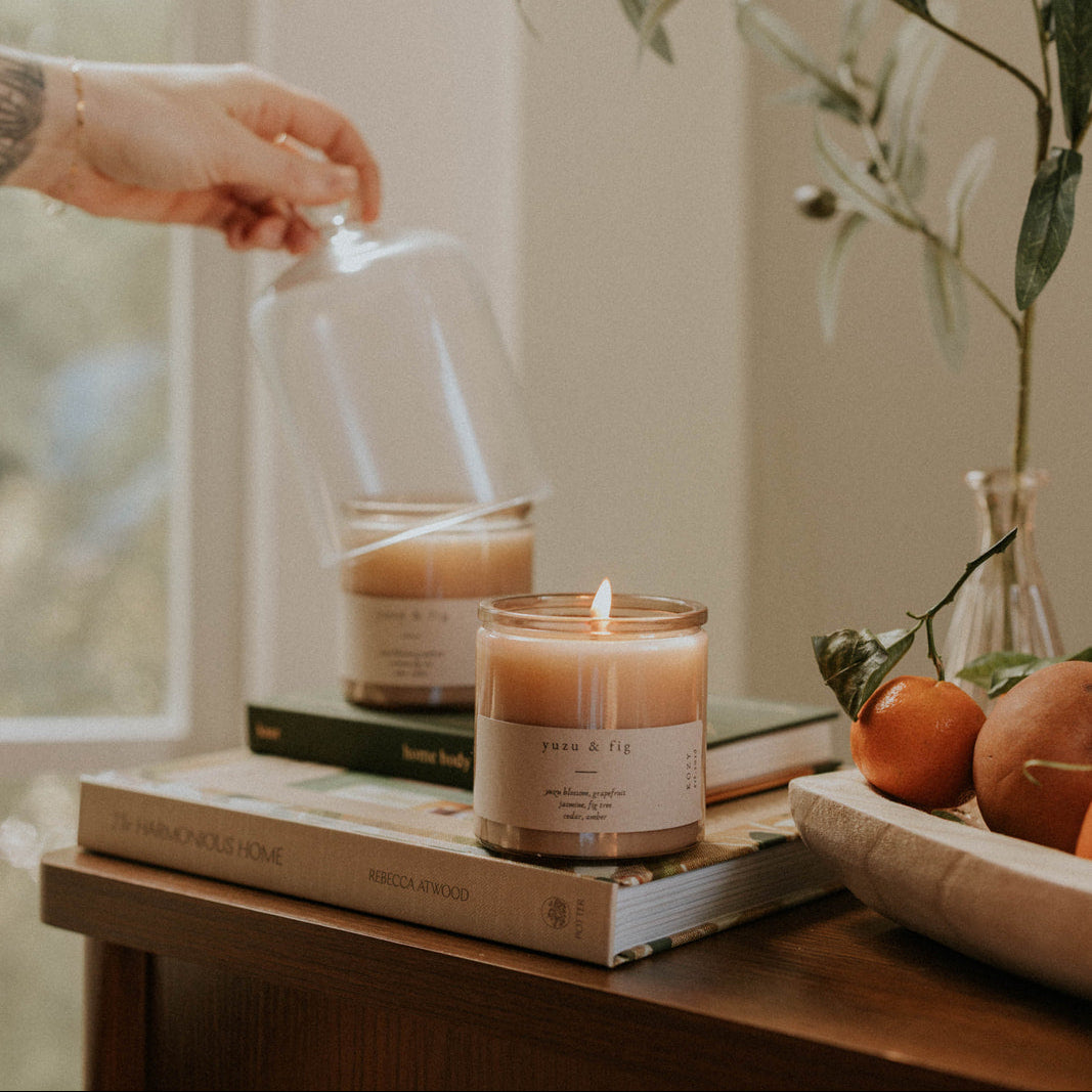 Candle being lit on a table with books and a plant in the background